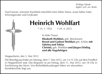 Traueranzeige von Heinrich Wohlfart von Starkenburger Echo, Bergsträßer Anzeiger