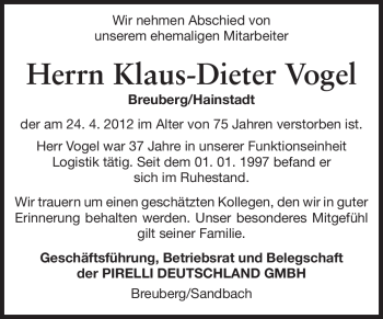 Traueranzeige von Klaus-Dieter Vogel von Odenwälder Echo