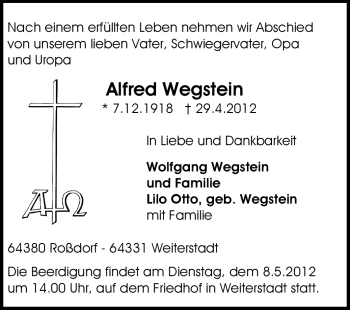 Traueranzeige von Alfred Wegstein von Echo-Zeitungen (Gesamtausgabe)
