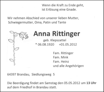 Traueranzeige von Anna Rittinger von Echo-Zeitungen (Gesamtausgabe)