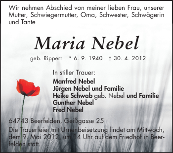 Traueranzeige von Maria Nebel von Odenwälder Echo