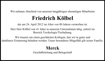 Traueranzeige von Friedrich Kölbel von Echo-Zeitungen (Gesamtausgabe)
