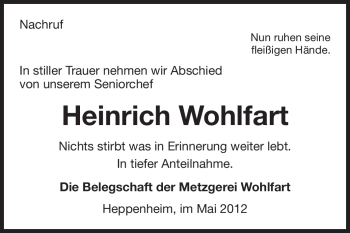 Traueranzeige von Heinrich Wohlfart von Starkenburger Echo