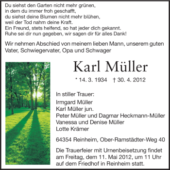 Traueranzeige von Karl Müller von Darmstädter Echo, Odenwälder Echo, Rüsselsheimer Echo, Groß-Gerauer-Echo, Ried Echo