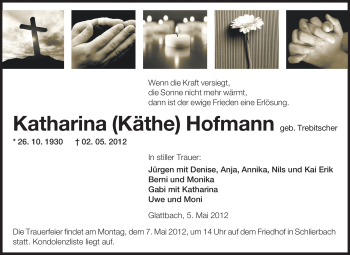Traueranzeige von Katharina Hofmann von Starkenburger Echo, Bergsträßer Anzeiger