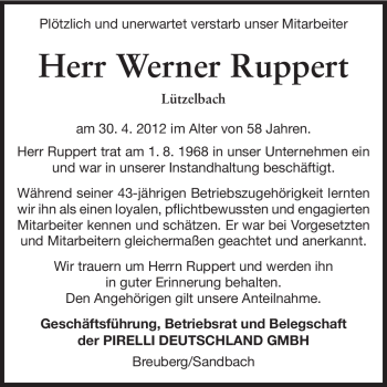 Traueranzeige von Werner Ruppert von Odenwälder Echo