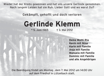 Traueranzeige von Gerlinde Klemm von Echo-Zeitungen (Gesamtausgabe)