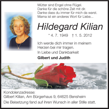 Traueranzeige von Hildegard Kilian von Echo-Zeitungen (Gesamtausgabe)