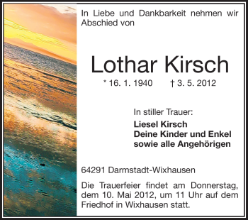 Traueranzeige von Lothar Kirsch von Darmstädter Echo, Odenwälder Echo, Rüsselsheimer Echo, Groß-Gerauer-Echo, Ried Echo