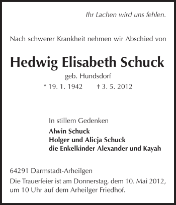 Traueranzeige von Hedwig Elisabeth Schuck von Echo-Zeitungen (Gesamtausgabe)