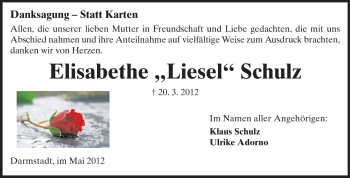 Traueranzeige von Elisabeth Schulz von Darmstädter Echo, Odenwälder Echo, Rüsselsheimer Echo, Groß-Gerauer-Echo, Ried Echo