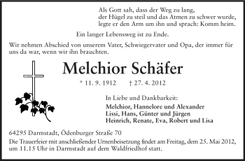 Traueranzeige von Melchior Schäfer von Echo-Zeitungen (Gesamtausgabe)