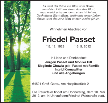 Traueranzeige von Friedel Passet von Rüsselsheimer Echo, Groß-Gerauer-Echo, Ried Echo