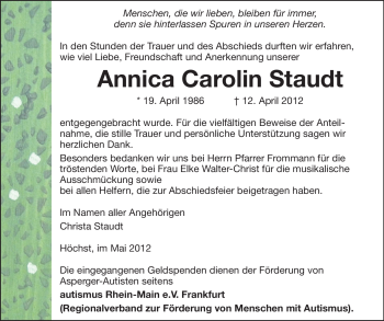 Traueranzeige von Annica Carolin Staudt von Odenwälder Echo