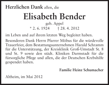 Traueranzeige von Elisabeth Bender von Echo-Zeitungen (Gesamtausgabe)
