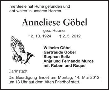 Traueranzeige von Anneliese Göbel von Echo-Zeitungen (Gesamtausgabe)