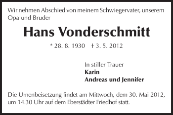 Traueranzeige von Hans Vonderschmitt von Echo-Zeitungen (Gesamtausgabe)