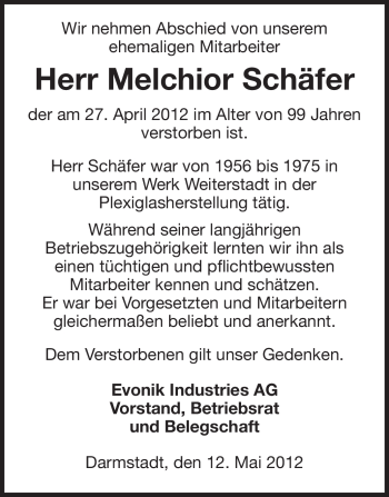 Traueranzeige von Melchior Schäfer von Echo-Zeitungen (Gesamtausgabe)