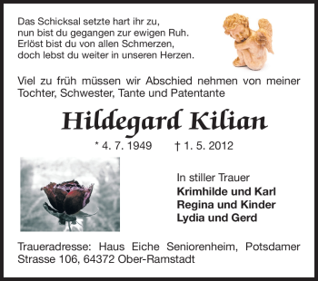 Traueranzeige von Hildegard Kilian von Echo-Zeitungen (Gesamtausgabe)