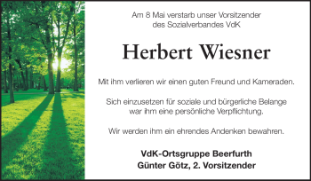 Traueranzeige von Herbert Wiesner von Odenwälder Echo