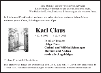 Traueranzeige von Karl Claus von trauer.echo-online.de