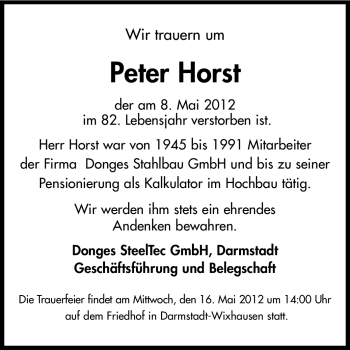 Traueranzeige von Peter Horst von Echo-Zeitungen (Gesamtausgabe)