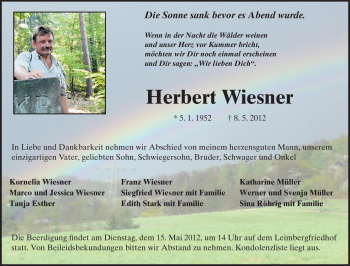 Traueranzeige von Herbert Wiesner von Odenwälder Echo