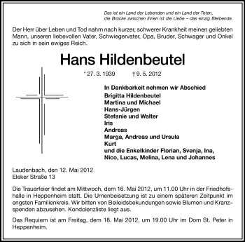 Traueranzeige von Hans Hildenbeutel von Starkenburger Echo