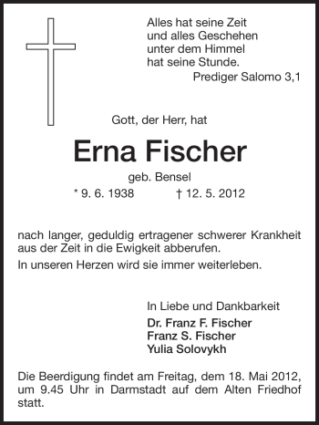 Traueranzeige von Erna Fischer von Darmstädter Echo, Odenwälder Echo, Rüsselsheimer Echo, Groß-Gerauer-Echo, Ried Echo