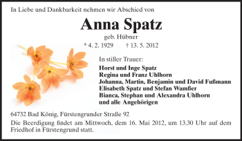 Traueranzeige von Anne Spatz von Odenwälder Echo