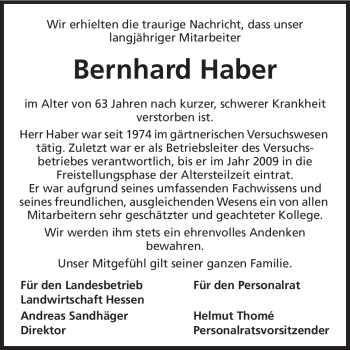 Traueranzeige von Bernhard Haber von Echo-Zeitungen (Gesamtausgabe)