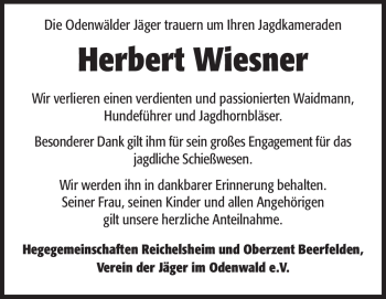 Traueranzeige von Herbert Wiesner von Odenwälder Echo