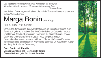 Traueranzeige von Marga Bonin von Odenwälder Echo