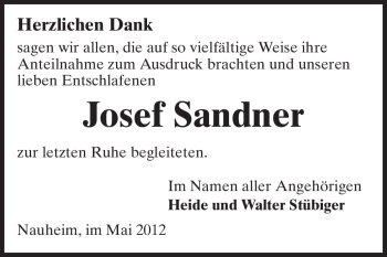 Traueranzeige von Josef Sandner von Rüsselsheimer Echo, Groß-Gerauer-Echo, Ried Echo