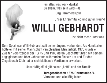 Traueranzeige von Willi Gebhardt von Echo-Zeitungen (Gesamtausgabe)
