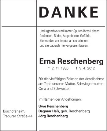 Traueranzeige von Erna Reschenberg von Rüsselsheimer Echo, Groß-Gerauer-Echo, Ried Echo