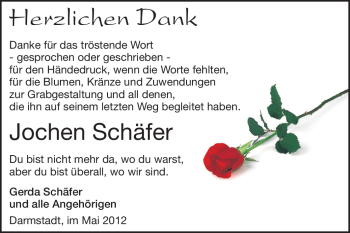 Traueranzeige von Jochen Schäfer von Darmstädter Echo, Odenwälder Echo, Rüsselsheimer Echo, Groß-Gerauer-Echo, Ried Echo