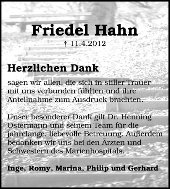 Traueranzeige von Friedel Hahn von Echo-Zeitungen (Gesamtausgabe)