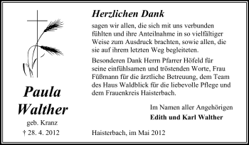Traueranzeige von Paula Walther von Odenwälder Echo