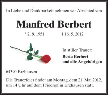 Traueranzeige von Manfred Berbert von Echo-Zeitungen (Gesamtausgabe)
