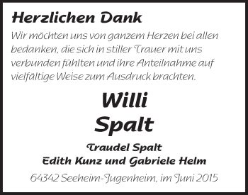 Traueranzeige von Willi Spalt von Echo-Zeitungen (Gesamtausgabe)