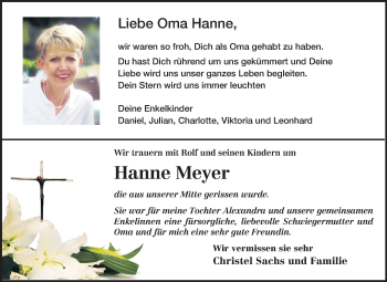 Traueranzeige von Hanne Meyer von Echo-Zeitungen (Gesamtausgabe)