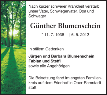 Traueranzeige von Günther Blumenschein von Darmstädter Echo, Odenwälder Echo, Rüsselsheimer Echo, Groß-Gerauer-Echo, Ried Echo