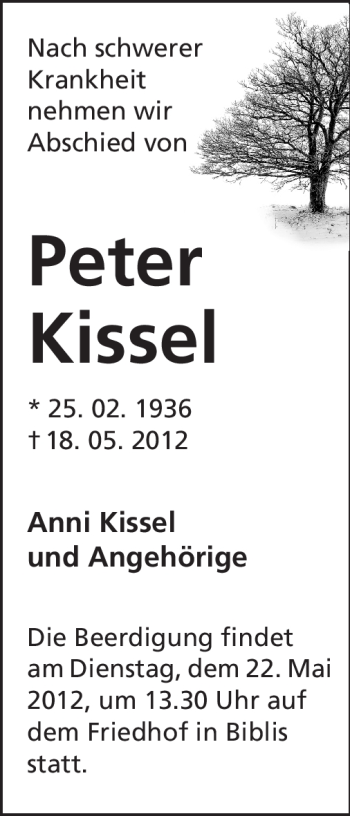 Traueranzeige von Peter Kissel von Echo-Zeitungen (Gesamtausgabe)
