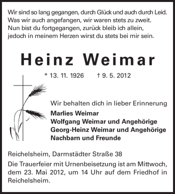 Traueranzeige von Heinz Weimar von Echo-Zeitungen (Gesamtausgabe)