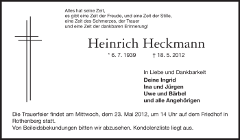 Traueranzeige von Heinrich Heckmann von Odenwälder Echo