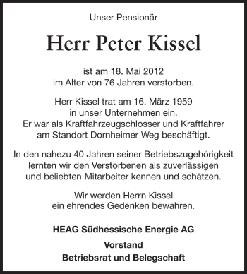 Traueranzeige von Peter Kissel von Echo-Zeitungen (Gesamtausgabe)