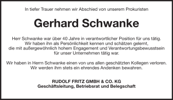 Traueranzeige von Gerhard Schwanke von Rüsselsheimer Echo, Groß-Gerauer-Echo, Ried Echo