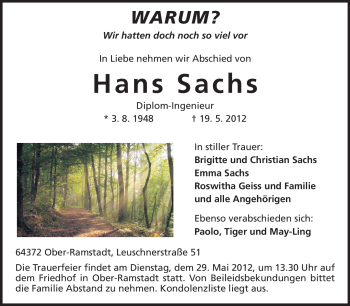 Traueranzeige von Hans Sachs von Echo-Zeitungen (Gesamtausgabe)