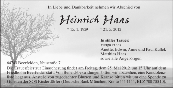 Traueranzeige von Heinrich Haas von Odenwälder Echo